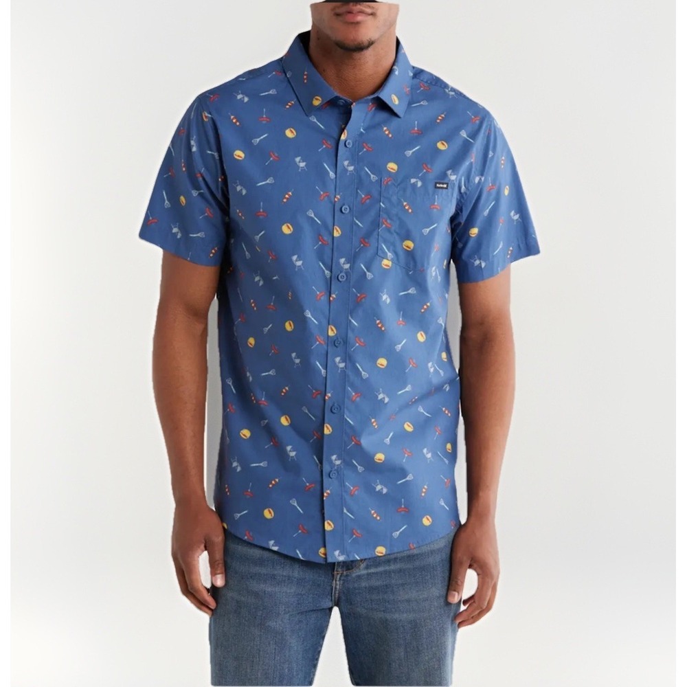 Hurley Button Up Shirt Mens LG BBQ Grill Print Short Sleeve Blue Casual NWT
